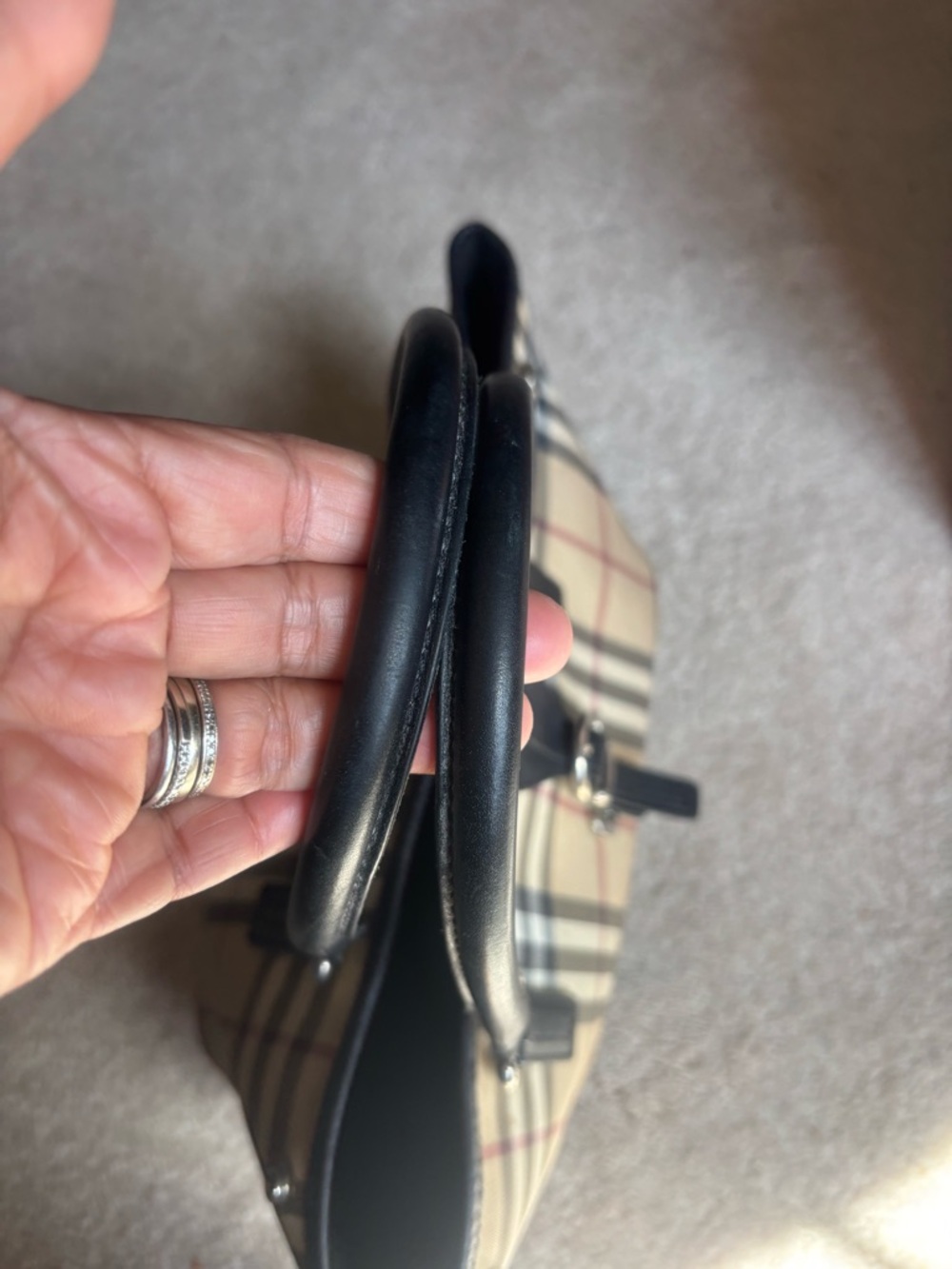 Burberry Beige Plaid Satchel with Black Leather Trim - Picture 8 of 8